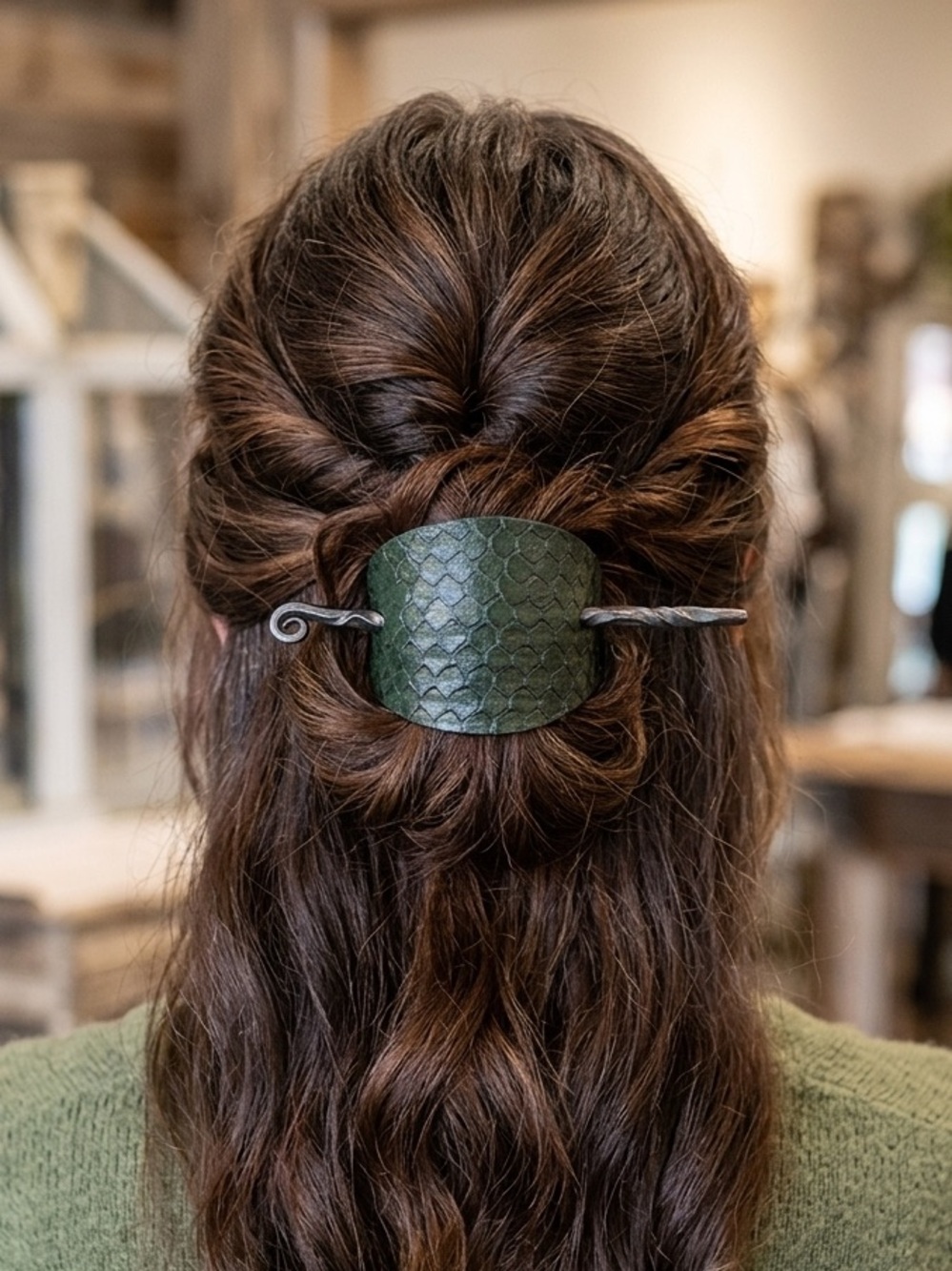 Handmade Dark Green Scaled Leather Hair Slide w/ Forged Steel Pin NWOT